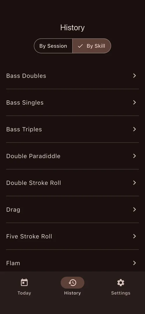 The History screen in DrumsFit with the top tempo for each skill