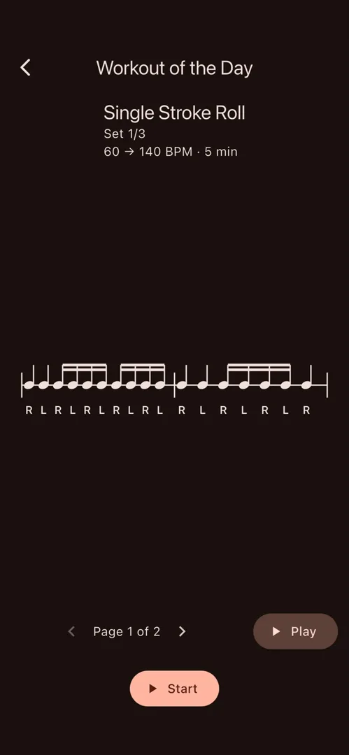 A Single Stroke Roll Set in DrumsFit: the drum chart with sticking, from 60 to 140 BPM over 5 minutes