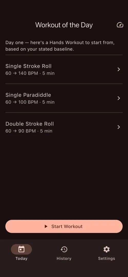 The Today screen in DrumsFit with the Workout of the Day: a warm-up and three short Sets